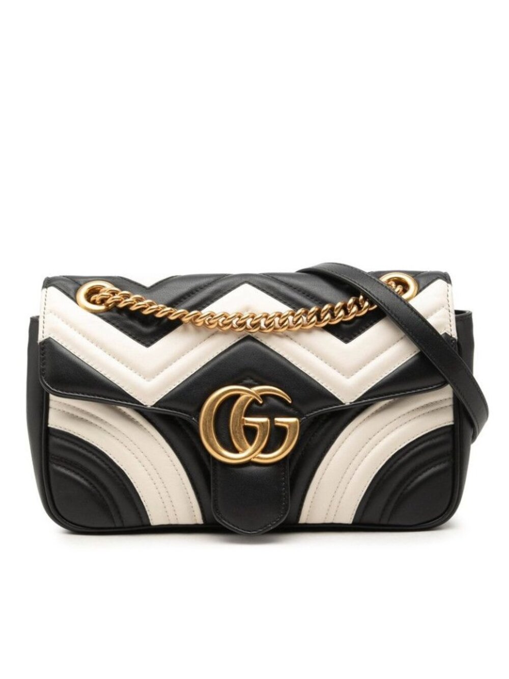 Gucci GG Marmont Quilted Chain Shoulder Bag Black White Leather